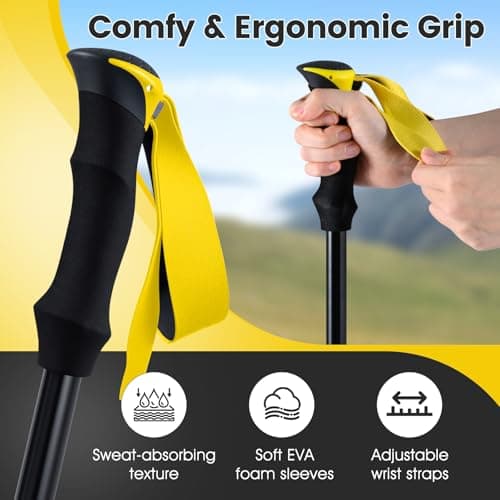 COSTWAY 2 Pack Telescopic Trekking Poles, Portable Aluminum Hiking Sticks, Lightweight Walking Poles for Camping Backpacking (with EVA Foam Handles & Carry Bag, Folding, Yellow) — view 2