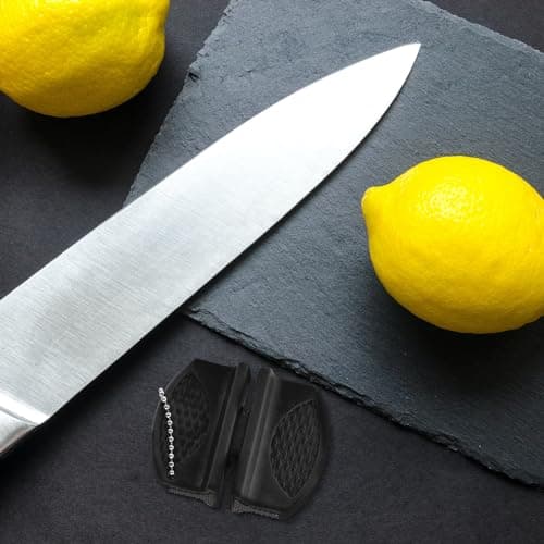 Rrumyve Portable Double-Sided Knife Sharpener, Small Hanging Design Comfortable Kitchen Knife, Mini Kitchen Knife Sharpener, for Family, Camping Tours or Outdoor Survival (Black) — view 4