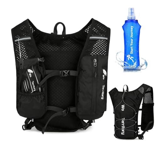 Running Vest for Mens & Women, Lightweight Hydration Backpack with 500ml Water Bottle & Phone Bag, Adjustable Chest Straps Breathable Reflective Running Backpacks for Marathon Night Cycling Hiking