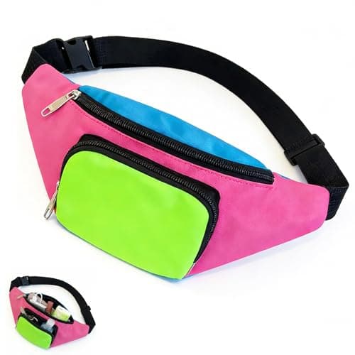 80s Retro Neon Bum Bag Fanny Pack for Women Men, 2 Zipped Pockets Adjustable Waist Bag, Lightweight Waterproof Bumbags for Ladies, Festival Rave Travel 80s Accessories for Women