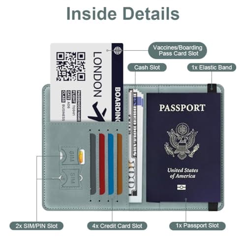AOOSU Passport Holder Cover, PU Leather Passport Cover with RFID Blocking Travel Wallet, Portable Universal Travel Wallet Case Organiser for Money, Boarding Passes, Credit Cards Sky Blue — view 3