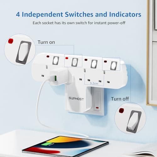 SUPHOST Plug Extension Socket, 4 Way Plug Adapter with 180 Degree Rotating UK Plug, 13A Fused Multi Plug Adaptor with 4 Independent Switches, Wall Socket Extension for Home Office Kitchen — view 5