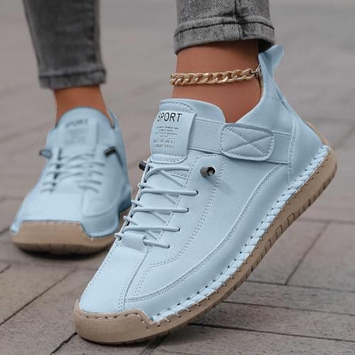 Womens Leather Trainers Flat Lace Slip on Running Walking Shoes Ladies Lightweight Breathable Ankle Gym Sport Sneakers Women Orthopedic Arch Support Trainers (Sky Blue, 9) — view 3