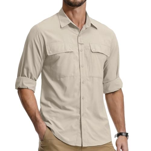 Jessie Kidden Mens Safari Shirts Long Sleeve UV Protection Hiking Fishing UPF 50+ Quick Dry Cooling Camping Travel Shirts #5060-Light Khaki-XXL