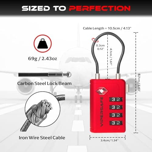 Vipersafe New TSA008, TSA Approved Luggage Lock with Open Alert Indicator – 4-Digit Travel Lock for Luggages, Bags & Backpacks – Heavy Duty Flexible Cable Padlock (Red, 1-Pack) — view 2