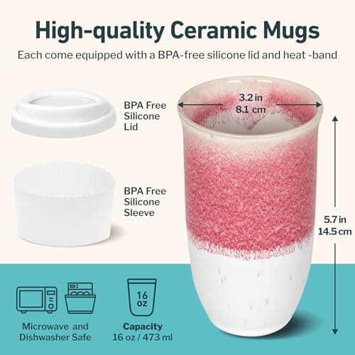 NOVA Ceramics Coffee Travel Mug - Coffee Travel Cup – Microwave & Dishwasher Safe Coffee Pink Tumbler - Gifts for Women Men Him Her – 475ml – Coral Pink — view 3