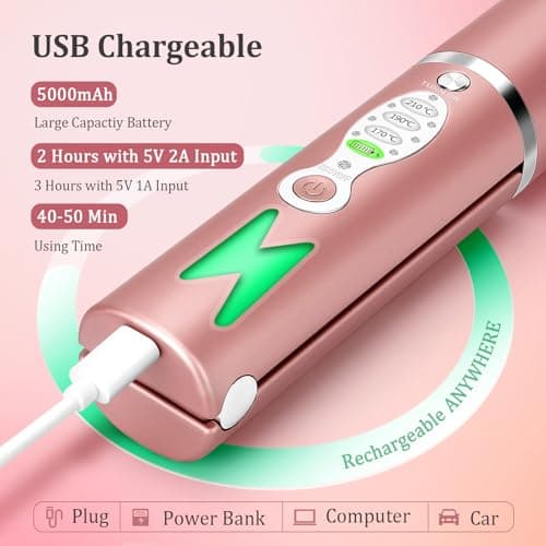 Cordless Titanium Hair Straightener and Curler w Cover, Portable USB Rechargeable Fast Heat Up Flat Iron Travel Size with 5V/5000mAh Battery, Anti-Scald 3-Level for Smooth, Swift and Glossy Hair(Pink — view 5