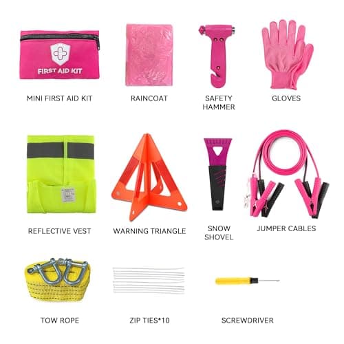 Pink Car Emergency Kit for Women & Girls, Emergency Roadside Assistance Set with Jumper Cables, First Aid Kit, Safety Hammer, Tow Rope and Stylish Pink Car Tools — view 2