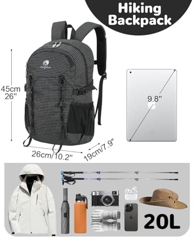 Outplea Small Hiking Backpack Waterproof, 20L Travel Daypack Lightweight Women Men, Sports Rucksack for Camping Walking Cycling, Black — view 2