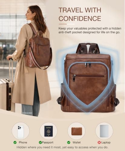 VX VONXURY Anti-Theft Backpack for Women Fashion PU Leather Backpack Purse With Detachable Shoulder Strap Vintage Handbag for Daily Work Travel — view 3