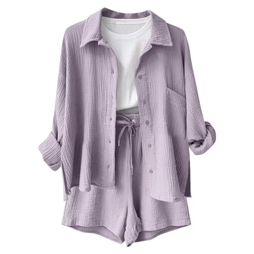 Lavender Travel Sets for Women Clothes Cotton Shirt and Shorts Co Ord Loungewear Sets with Loose Fit Shorts and Button-Up Shirt Fashion 2026 Outdoor Leisure Wear Size 12 — view 4
