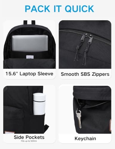 Kasgo 17.3L Lightweight School Backpack for Teens & Tween Boys Girls, Black — view 5