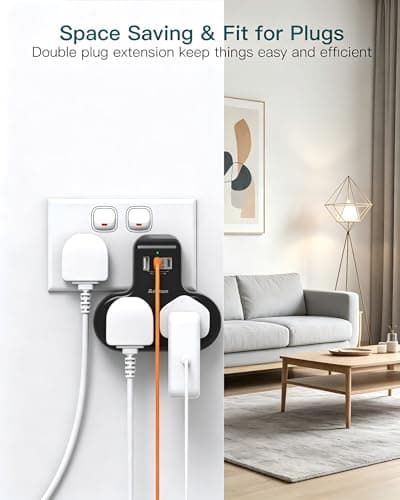 Addtam 2 Way Multi Plug Adaptor, Double Plug Extension with 3 USB Ports — view 6