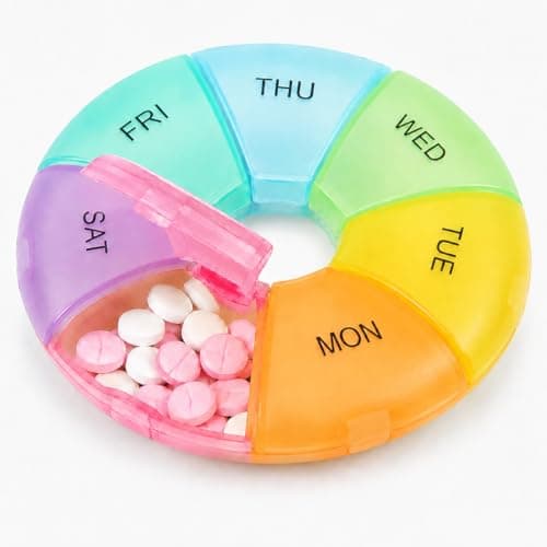 Weekly Pill Box Organiser, 7 Day Round Tablet Organiser, Easy Open Snap Shut Lids Portable Travel Pill Case, Rainbow Medicine Organiser Tablet Box for Vitamins Supplements Medication