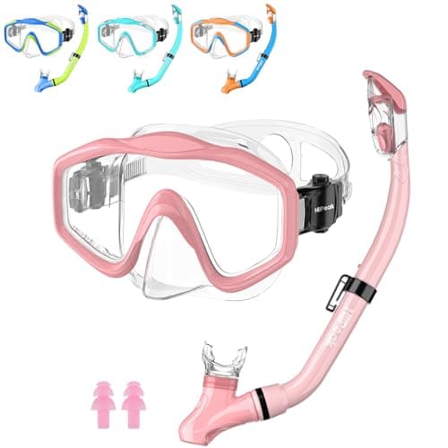 HiiPeak Kids Snorkel Set, Dry Top Snorkel Mask Snorkelling Package, Snorkelling Diving Mask with Breathing Tube Panoramic View Tempered Glass Anti-Fog, Children Swimming Goggles,Snorkeling Gear