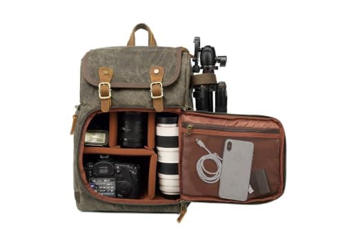 YuanWen DSLR Camera Canvas Backpack Large Capacity Front Open Waterproof Anti-shock SLR/DSLR Camera Rucksack Camera Travel Bag Professional Camera Bag Green