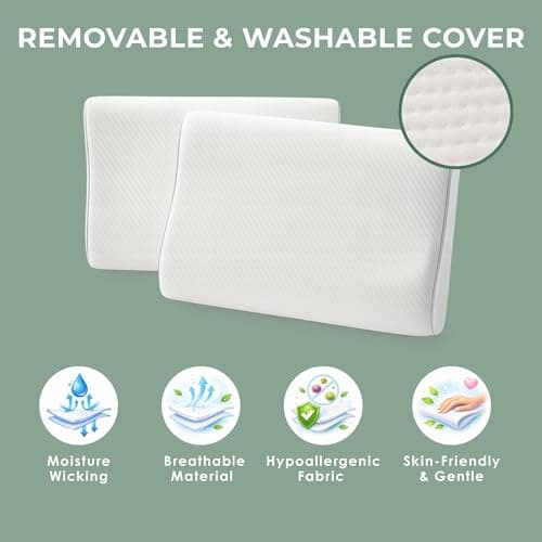 Willow & Sage Large Contour Memory Foam Pillow 60x40x10/12cm – Orthopaedic Cervical Neck Support Pillow – Ergonomic Design for Back & Side Sleeping – Breathable Removable Cover (Pack of 2) — view 5