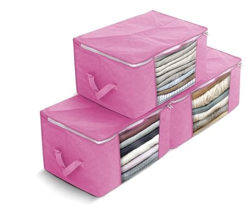 Delka 90L Storage Bags with Lids, Large Storage Boxes with lids, Storage Unit for Clothes, Blankets, Toys, Pack of 3 Foldable Organizers with Reinforced Handles and Clear Window (Dusty Pink, 90L)