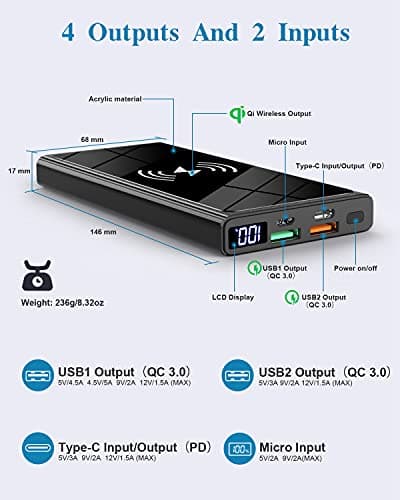 Wireless Portable Charger, Ultra Slim PD20W USB C Fast Charging 10000mAh Power Bank LED Display, External Battery Pack, Travel Essential Phone Powerbank for iPhone 17 16 Samsung S25 Google etc (black) — view 6