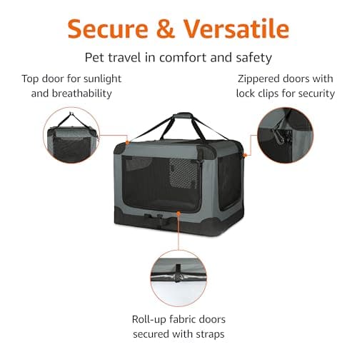 Amazon Basics 4-Doors Portable Soft-Sided Folding Travel Crate Kennel for cat, dog, and other small animals, Grey, L 91 cm x 61 cm x 61 cm — view 2