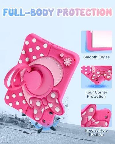Kokaade Kids Case for iPad 9th/8th/7th Generation 10.2 Inch 2021/2020/2019 - Cute Girly Cartoon Soft 3D Bow Heart Dot Silicone Case with Strap & Rotating Stand Tablet Cover for Girls Teens — view 6