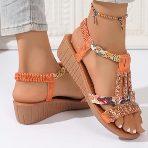 AEHAXGD Rhinestone Wedge Sandals for Women 2026 Summer Orthopedic Bohemia Sparkly T Strap Shoes Embellished Jeweled Beaded Sandals with Elastic Ankle Strap Comfy Cute Sandals for Beach Travel — view 3