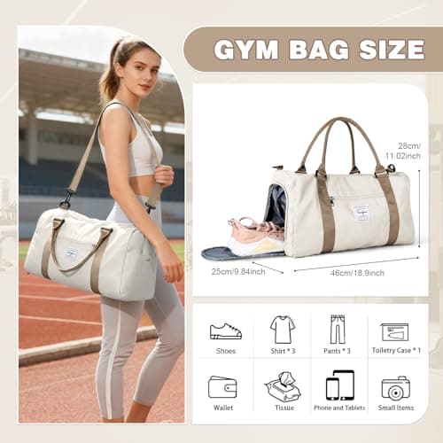 WEPLAN Gym Bag Womens Men Sports Fitness Bags Weekend Overnight Bag Travel Duffle Bags for Women with Shoes Compartment Wet Pocket,Holdall Hospital for Swimming Carry on Hand Luggag,A19-Beige Brown — view 3