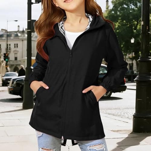 YCBMINGCAN Girls Raincoat Kids Waterproof Jacket | Long Lightweight Windbreaker Parka with Hood | Teen Zip Up School Rain Coat with Pockets Casual Autumn Outerwear for Youth 5-16 — view 3