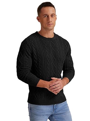 Hisir Men's Cable Knit Jumper, Thick Warm Crew Neck Winter, Black, M — view 4