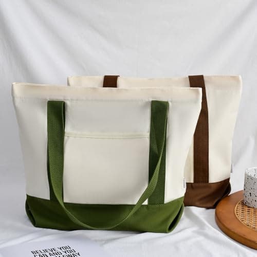 Augbunny Canvas Large Capacity Color Block Zipper Pocket Reusable Shopping Grocery Multi-Purpose Beach Tote Bag — view 4