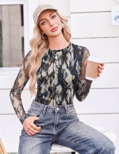 Ekouaer Women's Mesh Long Sleeve Tops Sheer Thermal Shirt Abstract Tonal L — view 3