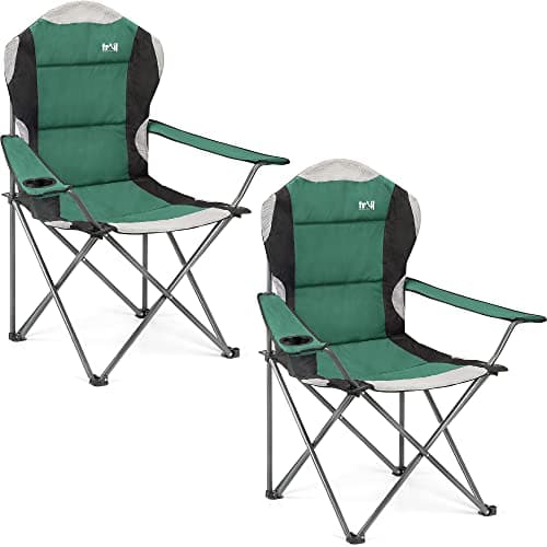 Trail Kestrel High Back Folding Camping Chair – 2 Pack, Luxury Padded Seat with Breathable Mesh, Heavy Duty Tubular Steel Frame, Cup Holder Armrest, Lightweight & Portable with Carry Bag (Green)
