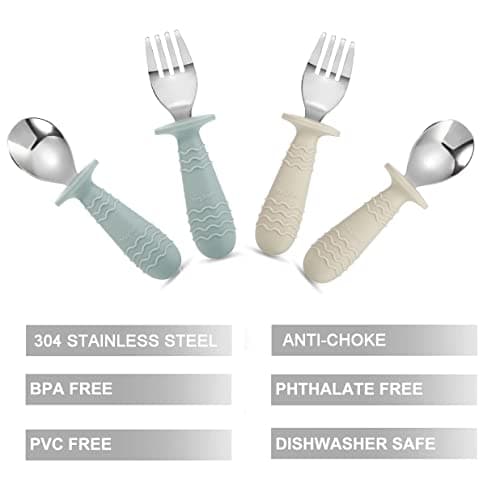 PandaEar 4 Pack Toddler Baby Cutlery Self Feeding Set, Silicone Stainless Steel Utensils Silverware Spoon Fork, 12 Months Plus, with Silicone Holding Anti-Choke Design (Morandi Green & Milky White) — view 3