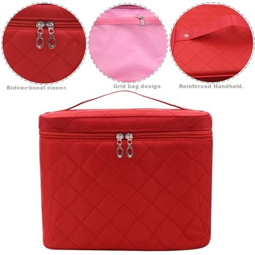 Large Make Up Bag,Portable Cosmetic Bag with Handle Zipper Waterproof Make Up Organizer Bag Travel Toiletry Bag for Women Girls (RED) — view 3