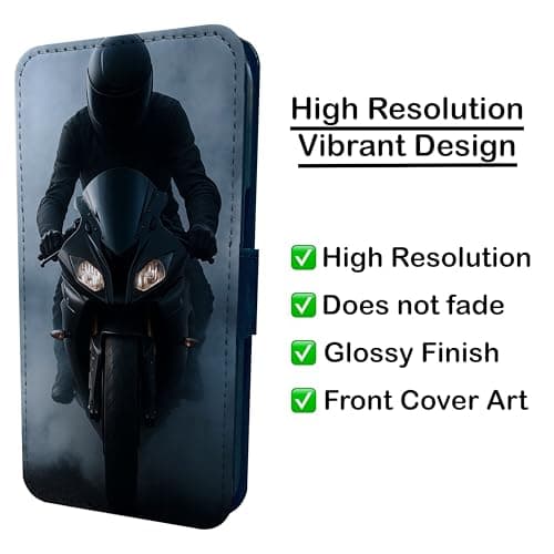 Motorbike Rider Wallet Phone Case Flip Cover Compatible with iPhone SE X XR 11 12 13 14 15 16 16E 17 Air Plus Mini Pro Max – Faux Leather Bold Motorcycle Print, Biker Gift for Men & Women Black — view 3