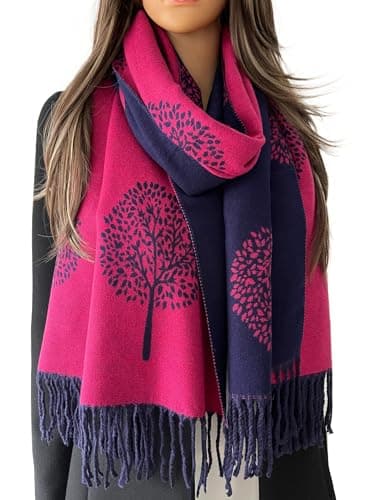 Cashmere Tree Life Blanket Scarf Gift - GIFT BOXED SCARF - Women Pashmina Shawl, Winter Scarves Women, Large Long Scarfs, Warm Scarf, Ladies Tree of Life Print (Navy Fuchsia - with gift box)