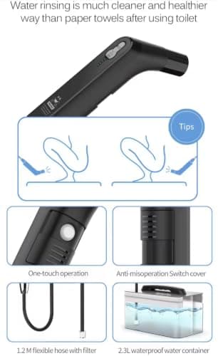 Safarex Portable Bidet Sprayer for Travel & Camping - Electric Handheld Bidet for Women & Men | Muslim Shower Shattaf | 2.3L Water Container Doubles as Travel Case | 2 Flow Rates | USB-C 800mAh — view 6