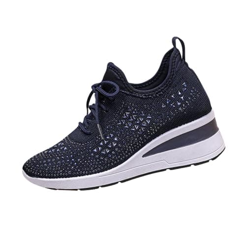 Women's Glittery Trainers Rhinestone Fashion Breathable Wedge Sneakers Athletic Slip On Walking Shoes Breathable Lightweight Sports Casual Sparkly Diamante Sneakers Ladies Platform Shoes Dark Blue