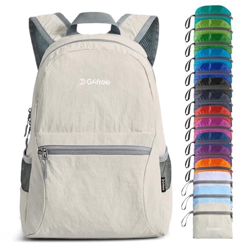 G4Free 20L Foldable Backpack Lightweight, Small Waterproof Backpacks Rucksack for Women Men, Nylon Daypack for Walking Hiking Travelling, Beige