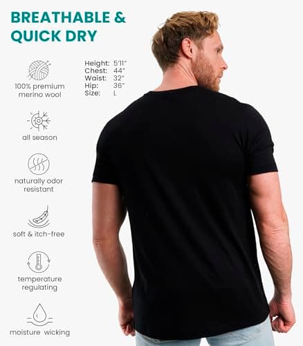 100% Merino Wool T Shirt Mens - Merino Wool Base Layer Men + Hiking Socks(XLarge, Black Ink) — view 2