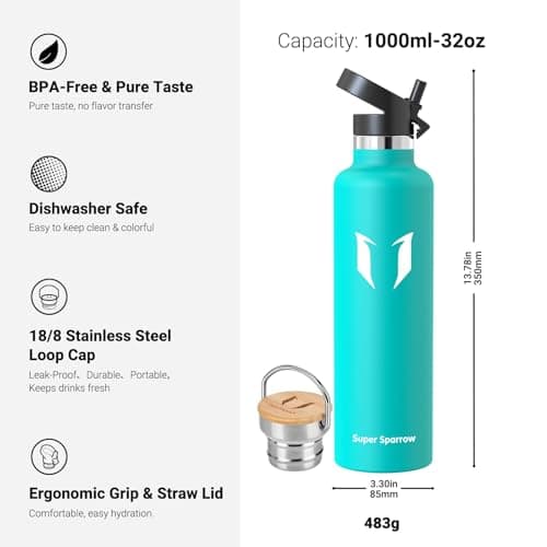 Sparrow Insulated Water Bottle with Straw - Metal Water Bottles 1L — view 3