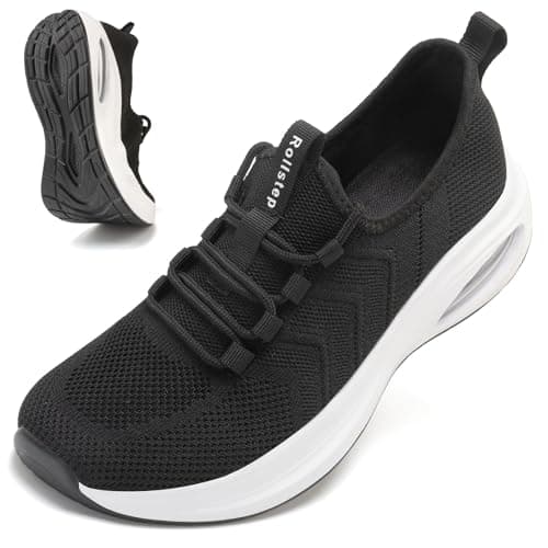 Rollstep Wide Toe Box Shoes Women Extra Wide Width Sneakers Air Cushion Road Running Shoes Ultra Light Tennis Gym Workout Training Shoes Breathable Walking Shoes with Arch Support, Black, 7.5 Wide