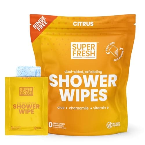 Super Fresh Shower Wipes Large Citrus & Cedar Body Wipes for No Rinse Bathing Personal Hygiene Gym Travel or Camping Enriched with Aloe and Vitamin E 10 Individually Wrapped Disposable Sheets
