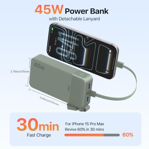 JUOVI Power Bank 45W 20000mAh Portable Charger with Detachable Cable — view 3