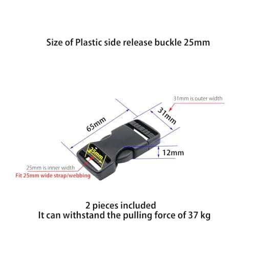 Baikeen Plastic Side Release Buckles,15mm/20mm/25mm/32mm/38mm/50mm Heavy Duty Plast Buckle Clips Belt Snap Clasp Backpack Buckle Replacement Dual Adjustable No Sewing(25mm,2sets) — view 2