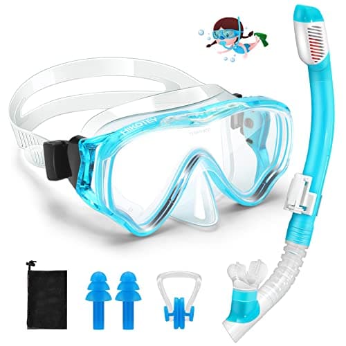 HIKOTEY Children's Snorkel Set,Panoramic Wide View Diving Mask,Snorkeling Gear Anti-Leak and Anti-Fog Tempered Glass Lens,Dry Snorkel Tube,Includes Earplugs and Nose Clip for Age 4-16 Years(Blue)