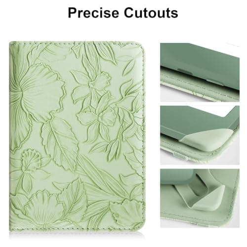 HoYiXi Universal Case for 6.8 Inch 7 Inch Kindle eReaders Compatible with Paperwhite/Kobo/BOOX T68/iReader Ocean,6.8-7" eReaders Protective Case Cover Elastic rope,Green, Green leaves — view 6