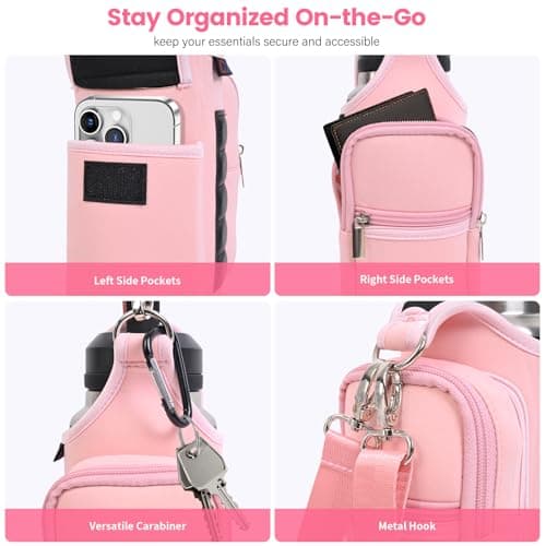 icolor Gym Magnetic Bag Water Bottle Carrier Holder with Strap & Phone Pockets, Diameter 3.9" Magnetic Gym Bag 5 Built-in Magnets Gym Accessories Organizer Pouch Sling Sleeve (Neoprene, Pink) — view 4