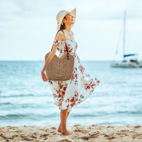 Straw Beach Bag for Women, Summer Straw Tote Bag Handbag with Zip Leather Handles, Retro Handmade Boho Casual Woven Travel Holiday Shoulder Bags for Beach Vacation Outdoor Shopping Daily Use (Coffee) — view 2
