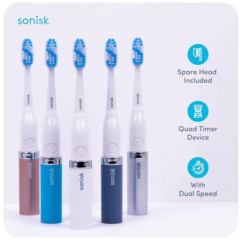 Sonisk Pulse | Battery Powered Electric Toothbrush | Portable Travel Size with Antimicrobial Sonic Technology | 1x Battery, 2X Brush Heads, 1x Travel Case Included (Dusty Pink) — view 4